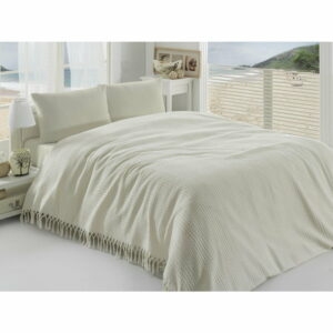 Krémovobiely ľahký bavlnený pléd cez posteľ na dvojlôžko Pique